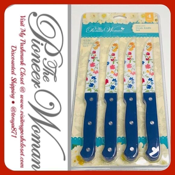 🦋 New Pioneer Woman Steak Knife Set, Vintage Ditsy, 4-piece Set - Picture 1 of 7